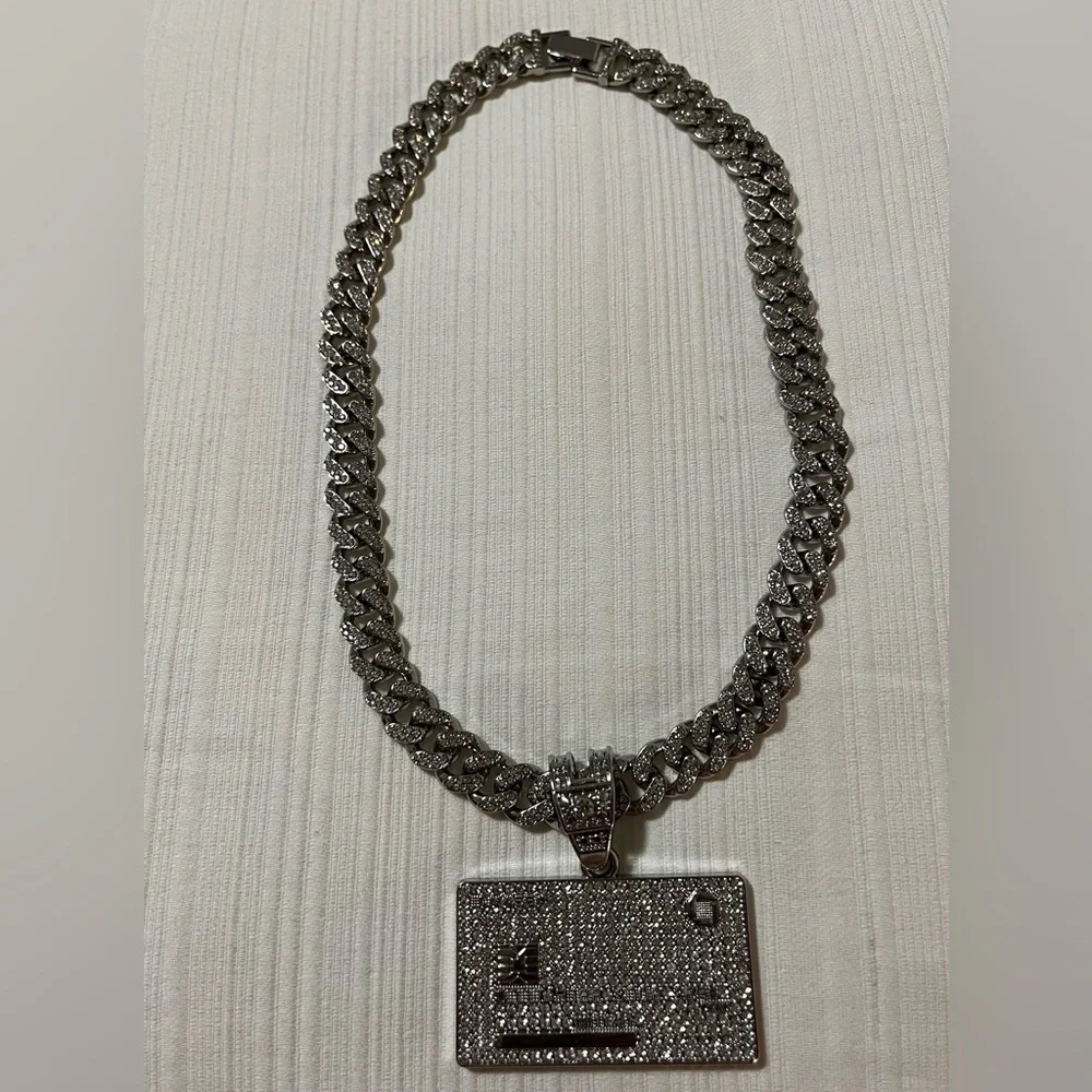 Iced Out Credit Card Pendant & Heavy Cuban Link Chain Necklace - Silver Tone